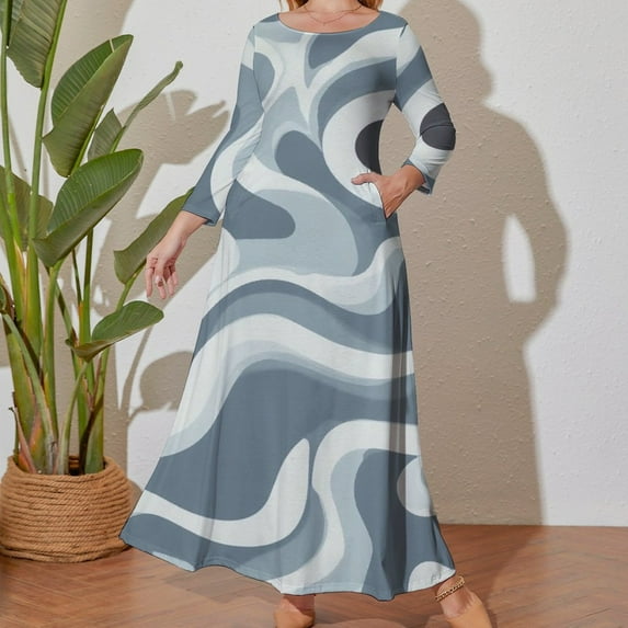 Large Size Abstract Blue Wavy Pattern Design Long Sleeved Dress Women Dress for Parties Elegant Chic Evening Dresses