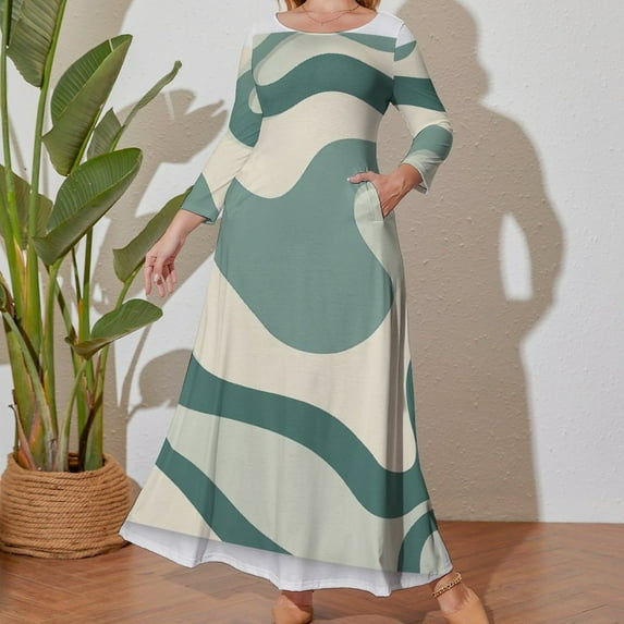 Large Size Abstract Green Cream Wave Art Long Sleeved Dress Women Dress for Parties Elegant Chic Evening Dresses