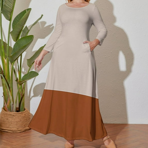 Large Size Beige Brown Minimalist Artwork Design Long Sleeved Dress Women Dress for Parties Elegant Chic Evening Dresses