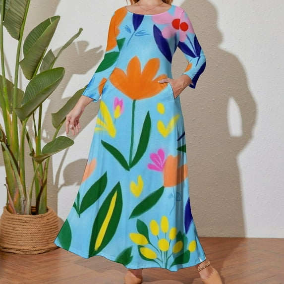 Large Size Bright Floral Blue Background Art Long Sleeved Dress Women Dress for Parties Elegant Chic Evening Dresses