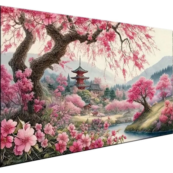 Large Size Cherry Blossom Trees Diamond Painting Kit, 5D DIY Diamond Painting Kits for Adults Landscape, Fun DIY Crafts for Adults, Round Diamond Art Canvas 27.5 X 15.7inch