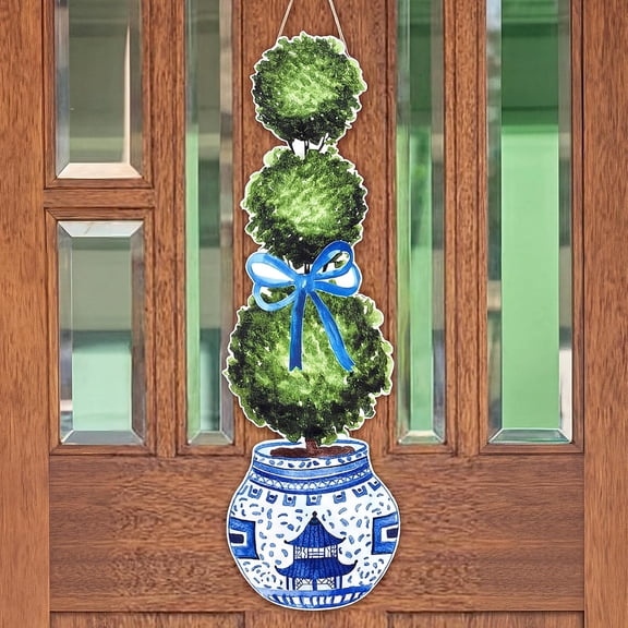 Large Size Chinoiserie Bonsai Door Hanger Rustic Topiary Wooden Sign Front Door Home Wreath Ornament for Farmhouse Indoor Outdoor Yard Porch Welcome Spring Decor (Fresh,31.5 x 9.65 in)