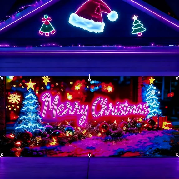 Large-Size Christmas Garage Door Banner Decoration - Neon Style, Neighbor-Approved, Outdoor Christmas Decor Atmosphere Maker