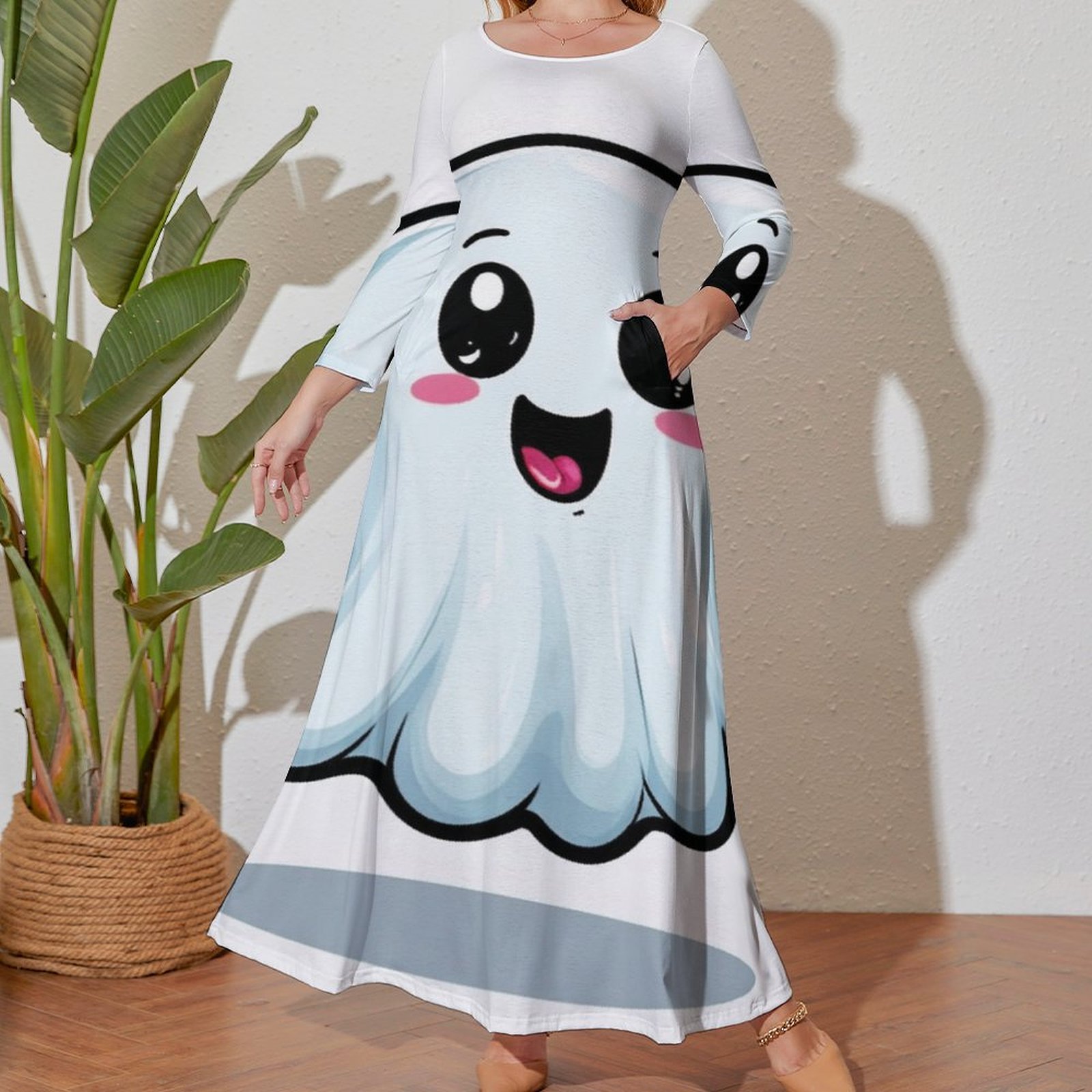 Large Size Cute Ghost Emoji Print Long Sleeved Dress Women Dress for ...
