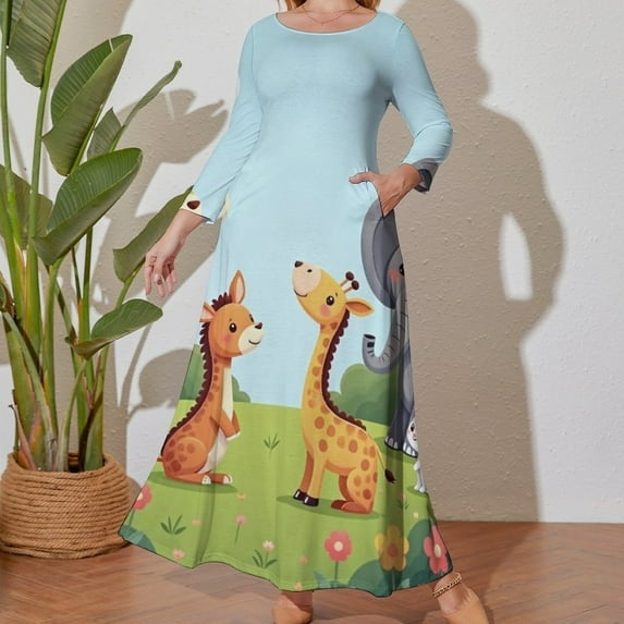 Large Size Cute Safari Animals in Garden Long Sleeved Dress Women Dress for Parties Elegant Chic Evening Dresses