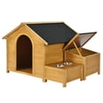thumbnail image 1 of Large Size Dog House with 2 Feeding Bowls and Storage Box, Wooden Dog Crate with Raised Legs for Anti-Ground Moisture, Cabin Style Raised Dog Shelter with Asphalt Roof, Nature, 1 of 9