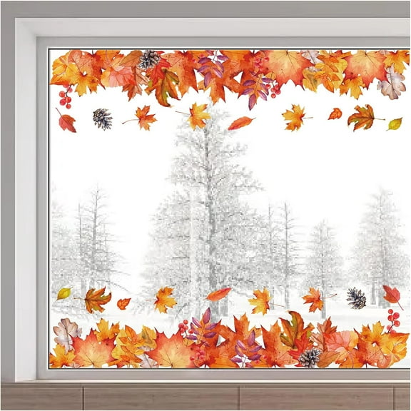 Large Size Fall Leaves Window Clings Transparent Stained Thanksgiving Maple Stickers Autumn Pine Cone Static Non Adhesive Double-Sided Decals Reusable Glass Door Covering Film Party Decor Colorful