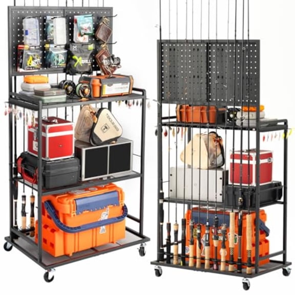 Large Size Fishing Rod Holders for Garage, 3-Tier Fishing Pole Rack with Pegboard and Hooks, Fishing Gear Tackle Box Organizer Up to 12 Rods, Rolling Fishing Storage Cart with Lockable Wheels