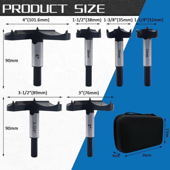 Large Size Forstner Bit Set 6PCS, 1-1/4 Inch to 4 Inch Carbide Forstner Drill Bit, Hex Shank Wood Hole Saw Set Woodworking Hinge Cutter Tool Kits for Hard Wood Plastic Plywood with Storage Case