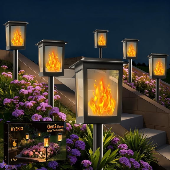 Large Size & Gen2 Flickering Flame Solar Torch Lights, 6Pack Solar Lights Outdoor Waterproof for Outdoor Decor, Garden Lights Solar Powered, Tiki Torches for Outside Pathway Patio Yard Decor