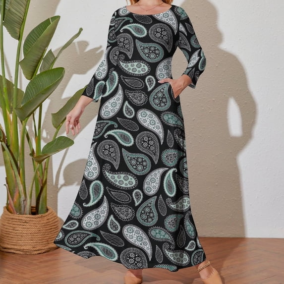 Large Size Grey Black Bandana Paislry Pattern Long Sleeved Dress Women Dress for Parties Elegant Chic Evening Dresses