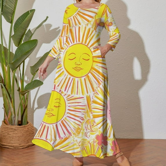 Large Size Happy Suns Floral Summer Vibe Long Sleeved Dress Women Dress for Parties Elegant Chic Evening Dresses