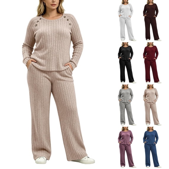 Large Size Hungry Ribbed Knitted Suit Women's Shoulder Button Decoration Long Sleeved Top Wide Leg Pants Two-Piece Set Black Xxl