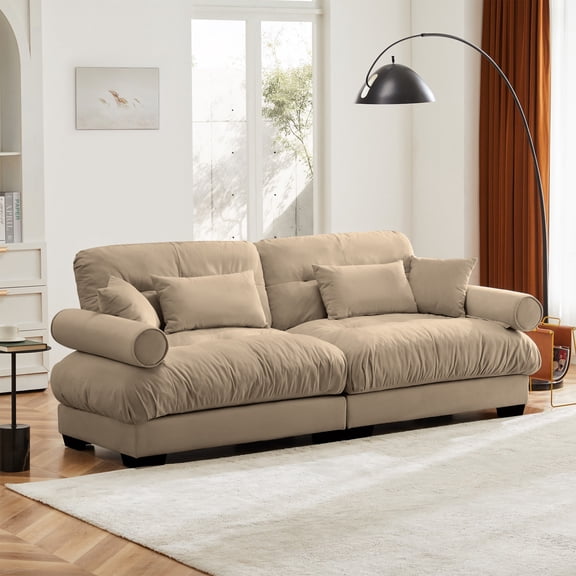 2-Seater Large Size Modern Two-seater Sofa with Bolstered Armrests,Velvet Sofa with Waist Pillows and Throw Pillows, Suitable for Living Room, Loft, Working Spaces, Hallway and Bedroom (Camel)