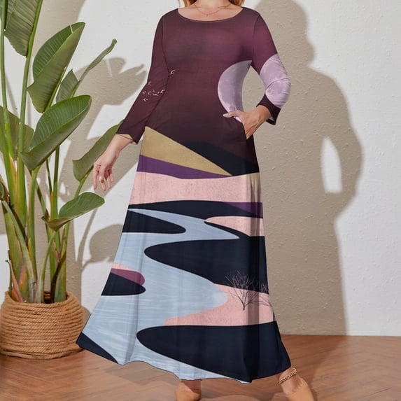 Large Size Moonlit Mountain Reflections Long Sleeved Dress Women Dress for Parties Elegant Chic Evening Dresses