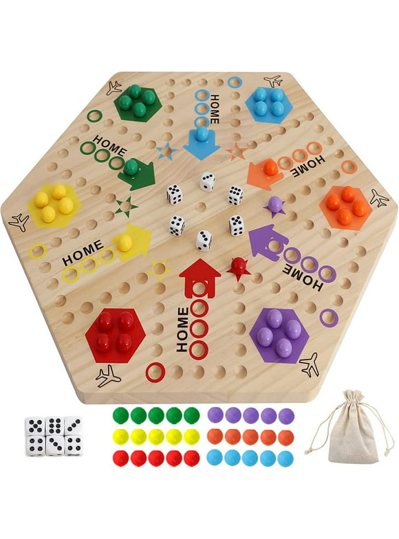 Large Size Original Marble Game Solid wood 20 inch(large)Wahoo Board Game Double Sided Painted Wooden Fast Track Board Game for 6 and 4 Players 6 Colors 24 Marbles 6 Dice for Family Friend