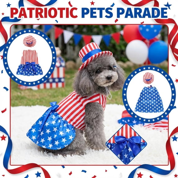 Large Size, Pack Of 2 Patriotic Cotton Pet Set With Matching Hat, Blue Star Pattern Independence Day Themed Dog Outfit, Festive Holiday Dress Up Apparel For