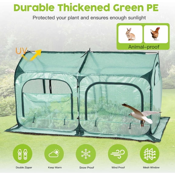 Large Size Pop up Tunnel Greenhouse Tent, PE Cover Mesh Window Flower Sunshine Room, Cold Frost Protector for Backyard Gardening, W/ Stakes and Rope Guys - Sturdy Outdoor Grow House