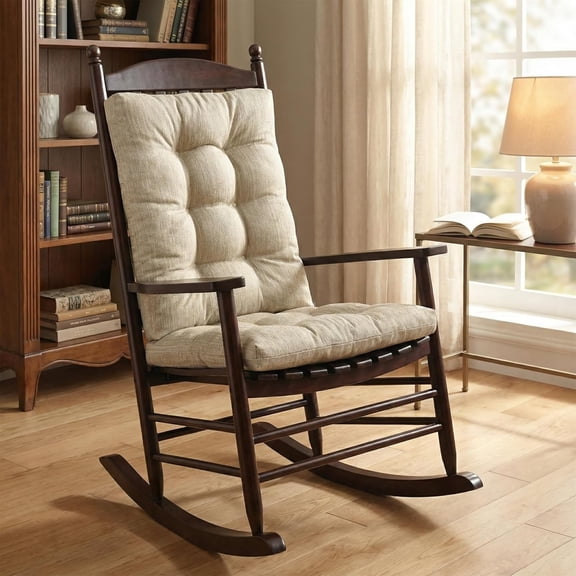 Large Size Rocking Chair Cushion Set, Dual-Layer Patented Design Memory Foam Seat & Back Cushion with Ties for Indoor Living Room Rocker, 2 Piece Set, Beige