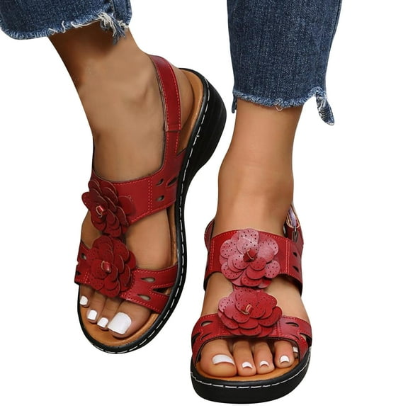 Large Size Sandals Round Toe Open Toe Hollow Slope Heel Fish Mouth Flower Casual Comfortable Retro Roman Sandals Sandals for Women Red 42