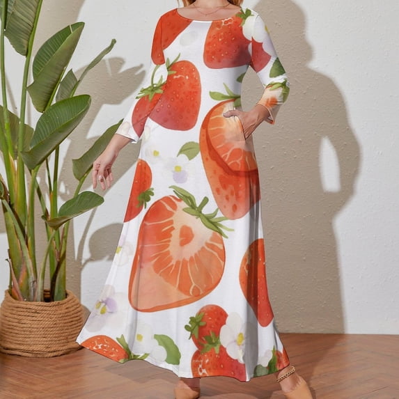 Large Size Strawberry Fruit Watercolor Long Sleeved Dress Women Dress for Parties Elegant Chic Evening Dresses