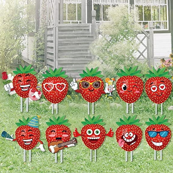 Large Size Strawberry Party Decorations - Fruit Themed Party Yard Signs - 10Pcs Strawberry Decor for Garden/Patio/Lawn/Festive Atmosphere.