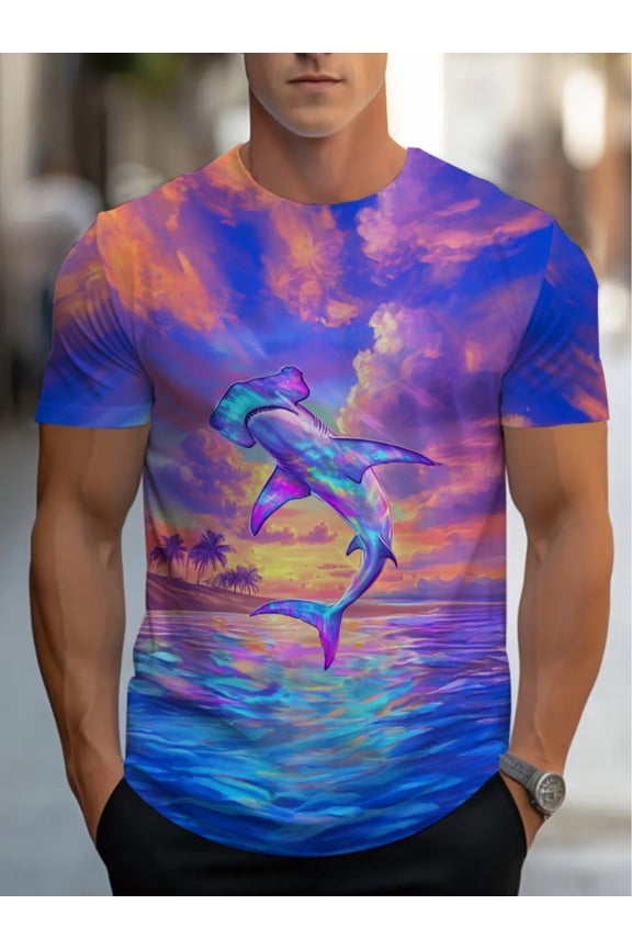 Large Size Summer Men's Short Sleeve Men's Quick-Drying Shark Pattern T-Shirt - Lightweight Beach Shirt, Ocean Design, Soft and Breathable Fabric, Suitable for Swimming, Surfing,