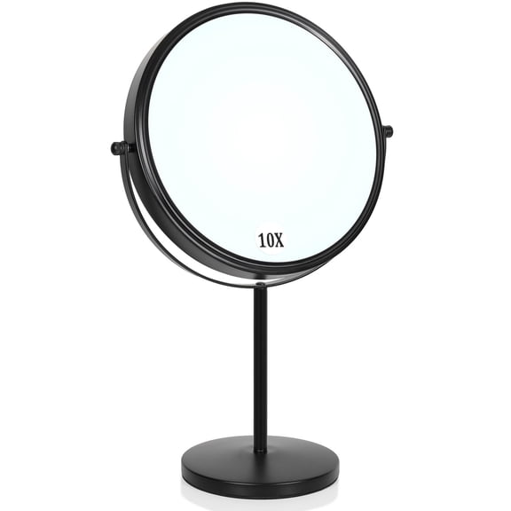 Large Size Tabletop Makeup Mirror With Magnification 9-inch Double-sided 360° Swivel Free Standing Vanity 1x/10x Magnifying Stand For Bathroom & Bedroom Matte Black No Light