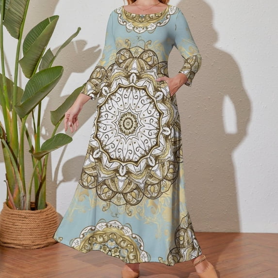 Large Size Vintage Floral Mandala Pattern Long Sleeved Dress Women Dress for Parties Elegant Chic Evening Dresses