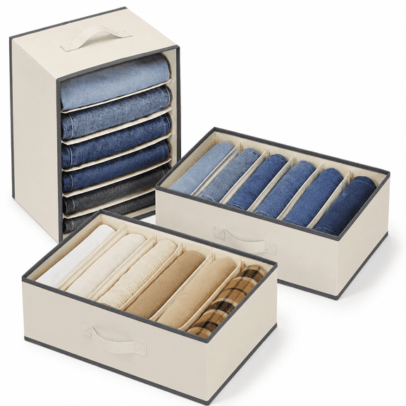 Large Size Wardrobe Clothes Organizers 6 Grids for Pants, Jeans, Sweater, T-shirt, Thin Coat, Dress Stackable Closet Drawer Organizer Storage Bin Container with Sturdy Handles, Beige