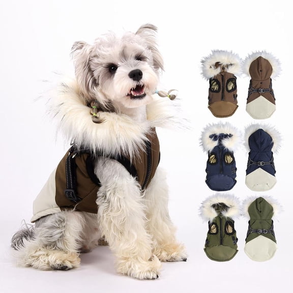 Large Size, Windproof Faux Fur Trimmed Hooded Down Cotton Dog Jacket, Warm Cold Weather Dog Coat With Reflective Strap And Leash Hole For Outdoor Walking And Daily Use For Family
