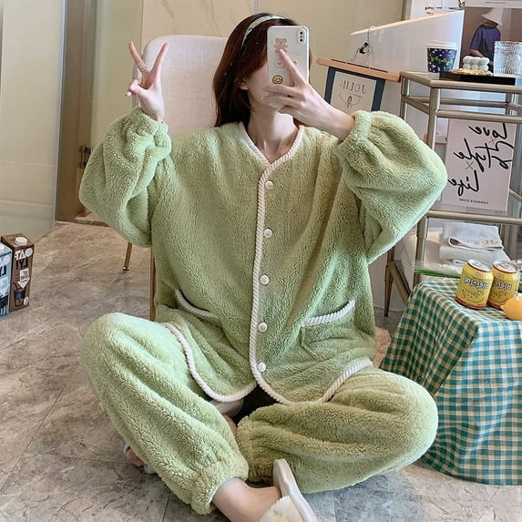 Large Size Winter Women's Pajamas Warm Home Clothes Sleepwear Ladies Flannel Thick Coral Fleece Cute Set Woman 2 Pieces (J,M)