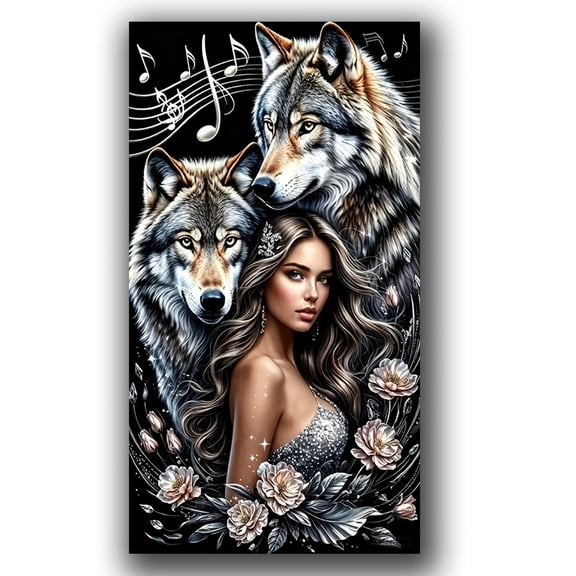 Large Size Wolf and Woman 5D Diy Diamond Painting Kits,Animal Full Round Diamond Art kits for Adults,Diamond Mosiac kits,Gem painting, Art and Craft kits,Home Decor 15.7x31.5inch