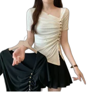 Large -Size Women'S Xiaoyu Character Design Sense Folds Slimming Thin Short Shirt Women'S T -Shirt Short Sleeve
