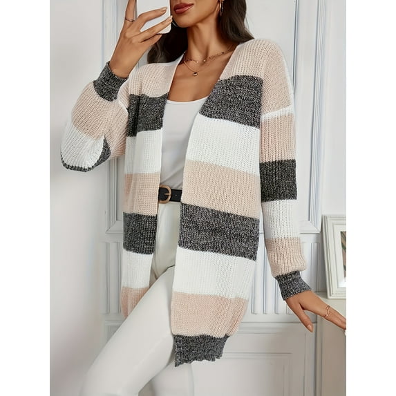 Large Size Women's Casual Cardigan Sweater Color Block Ribbed Knit Long Sleeve Cardigan