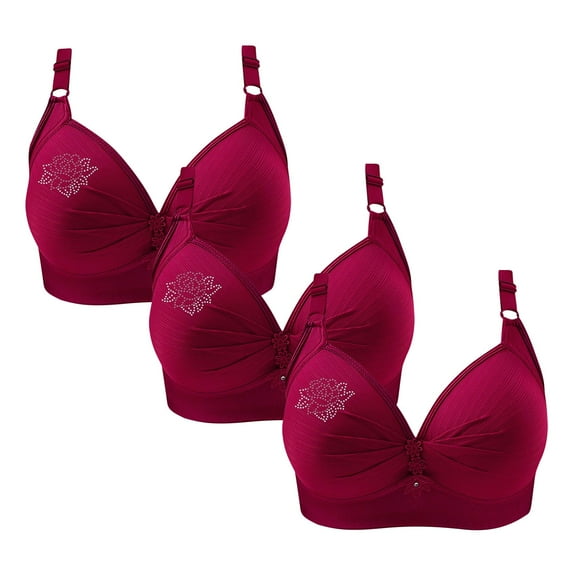 Large Size Women's Wireless Bra Set, 3-Pack Gathered Breathable Underwear for Everyday Comfort, Printed Design, Soft Spandex, Casual Wear #Wine,XXXXL