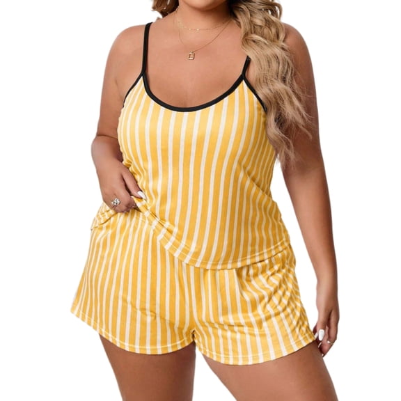 Large Size Womens Sleepwear Set with Spaghetti Straps Camisole and Elastic Waist Shorts Striped Print Pajamas Loungewear
