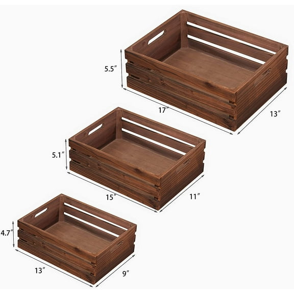 Large Size Wood Crates For Storage, Vintage Brown Handmade Solid Wood Boxes Set Of 3 Rustic Wooden Crate