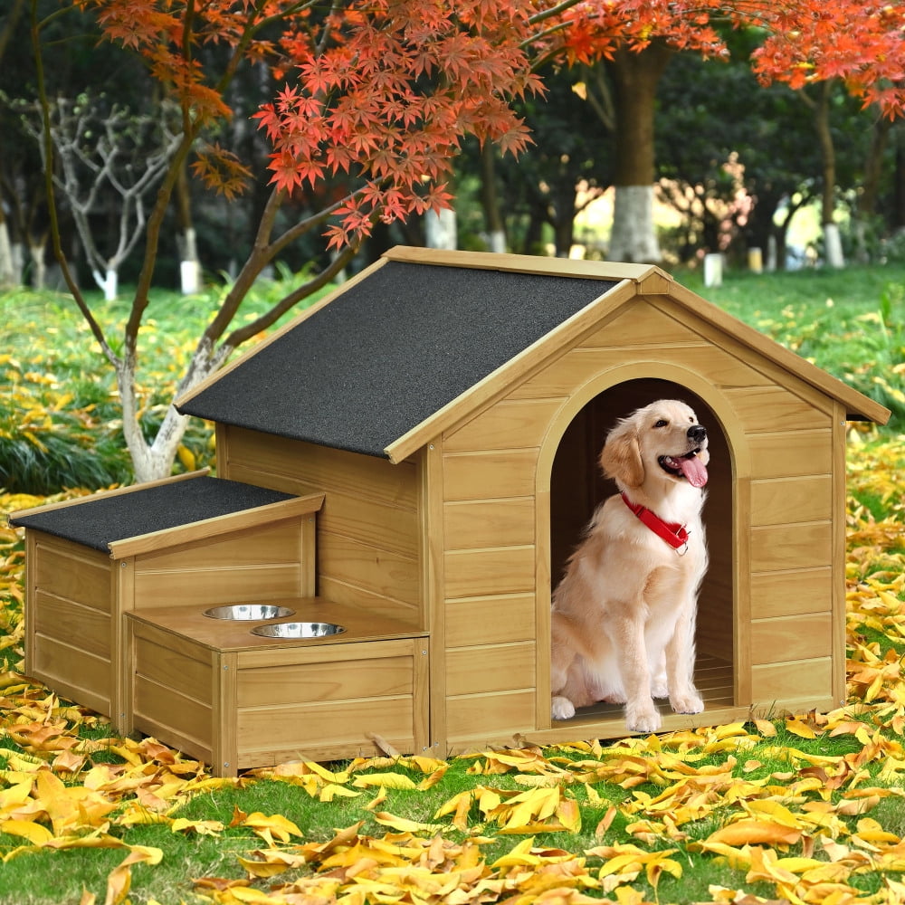 Large Natural Pine Wood Outdoor Dog House with Feeder and Storage