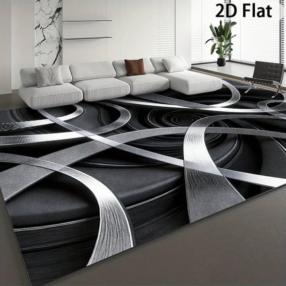 Large-Sized Luxurious Rectangular Rug, Modern Minimalist Style With Intricate Interwoven Metal Line Patterns, Black And Silver Color Scheme, Suitable For High-Traffic Large-Area Living Rooms