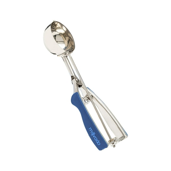 Millvado Stainless Steel Ice Cream and Cookie Scoop | Large Sized, With Blue Rubber Grips, Spring Loaded Lever Design, For Sorbet, Melon, Meatballs, Muffins, and More, 3 Ounce Scooper