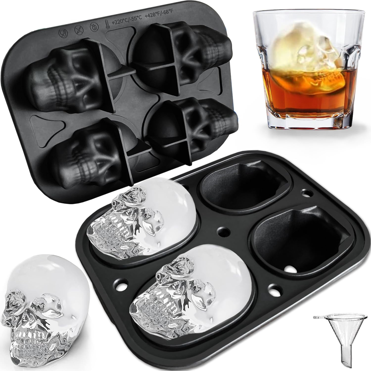 Large Skull Ice Mold - 4 Cavity Silicone Skull Ice Maker - Ice Cube Tray for Whiskey, Bourbon, Cocktails and Juice