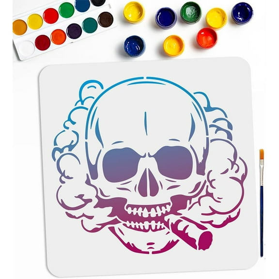 Large Skull Smoking Stencils 11.811.8inch Halloween Scary Skull Stencil with Paint Brush Skeleton Head Drawing Template for Wood Canvas Furniture Craft Decor