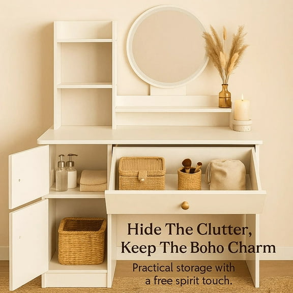 Large Sliding Makeup Mirror With LED Light - Smart Dimming Push-Pull Makeup Mirror With A Cushioned Stool