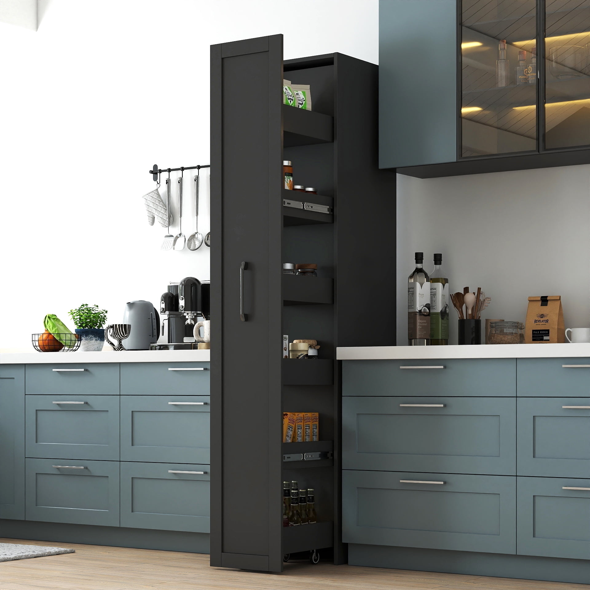 Large Slim Storage Cart Kitchen Rolling Narrow Cabinet with Handle Wheels, Black