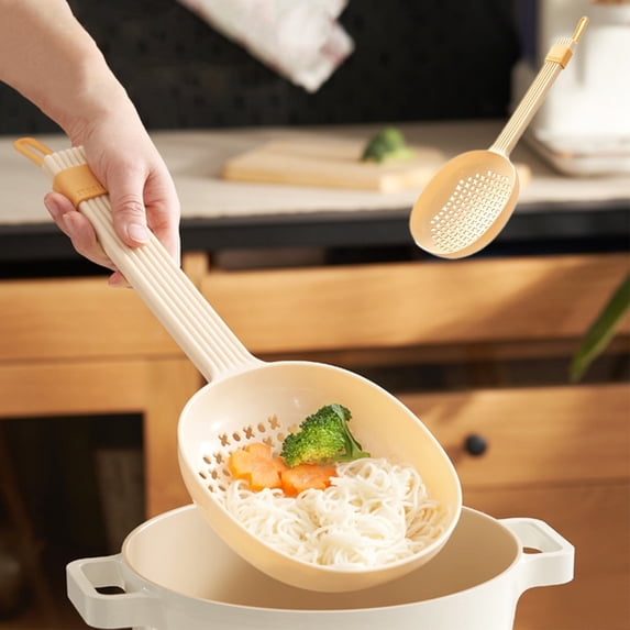 Large Slotted Spoon & Strainer | 14-Inch Plastic Skimmer for Noodles Soup & Tea | Yellow & Green Kitchen Draining Ladle with Stirring Pourer | Multipurpose Cooking & Bar Tool