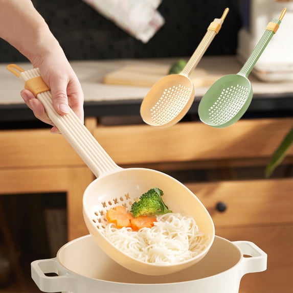 Large Slotted Spoon & Strainer | 14-Inch Plastic Skimmer for Noodles Soup & Tea | Yellow & Green Kitchen Draining Ladle with Stirring Pourer | Multipurpose Cooking & Bar Tool