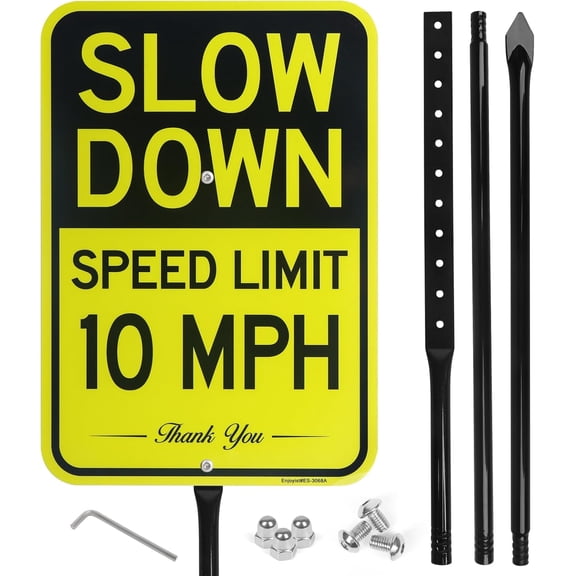 Large Slow Down Speed Limit 10 MPH Sign with 54" Metal Stake, 17"x 12".040 Aluminum Sign - Reflective, UV Protected and Weatherproof