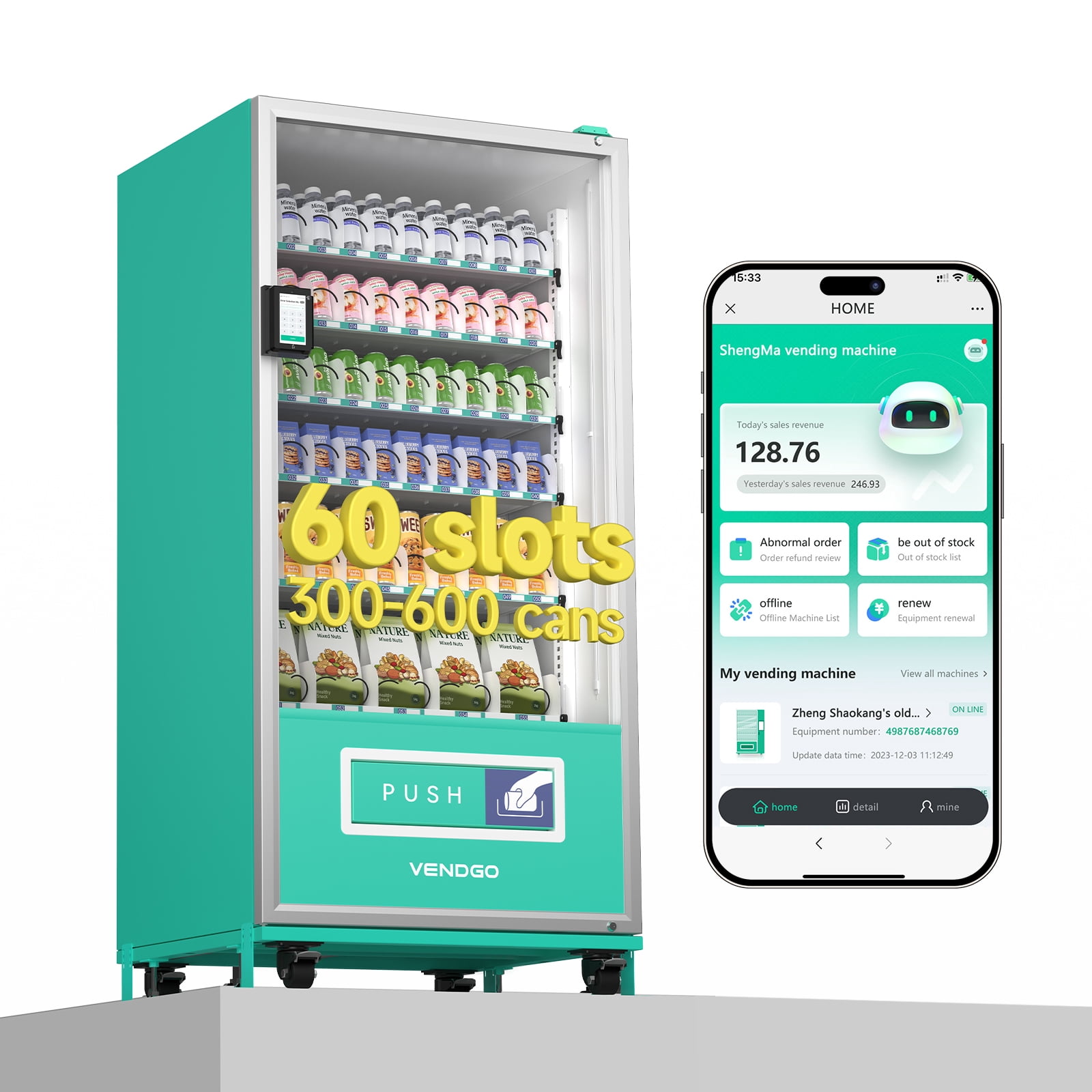 Large Smart Vending Machine for Business, 60-Slot Snack and Beverage Combo Vending Machine with 15.6" Touch Screen, Refrigerated Automatic Dispenser with Credit Card Reader for Large Venue