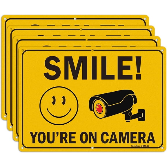 Large Smile You're On Camera Signs, 14x10 Inches Rust Free.40 Reflective Aluminum Video Surveillance Signs Outdoor, Fade Resistant/Waterproof, 6 Pre-drilled Holes (4 Pack)